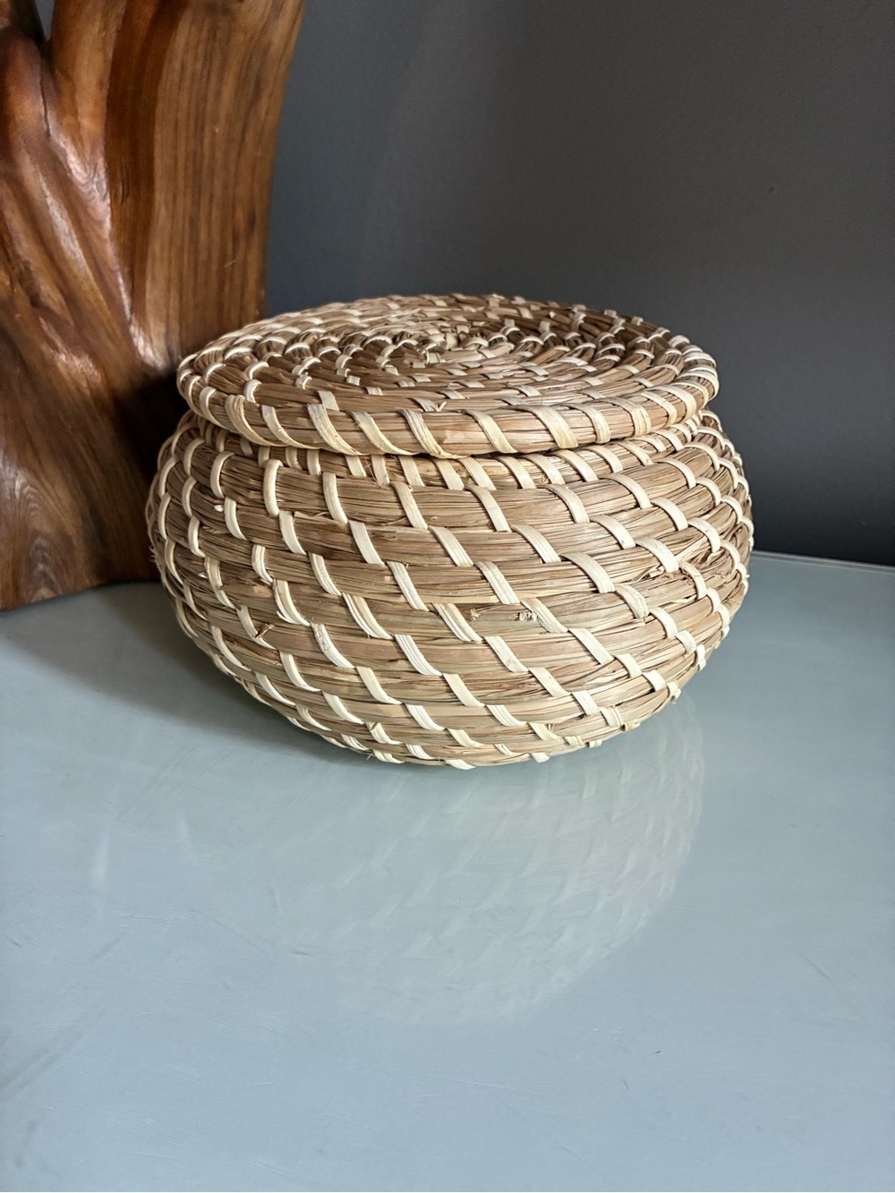 Handwoven Natural Rattan Coiled Lidded Basket - Home Accents